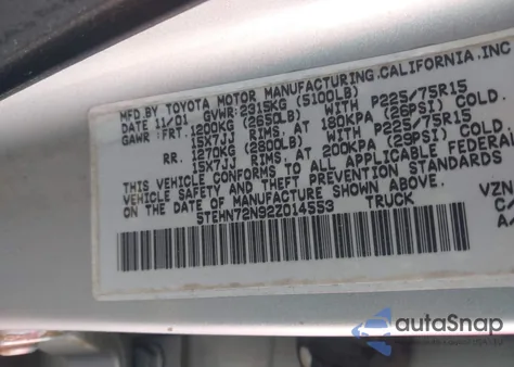 2002 Toyota Tacoma Base V6 из США, поврежденный, VIN 5TEHN72N92Z014553